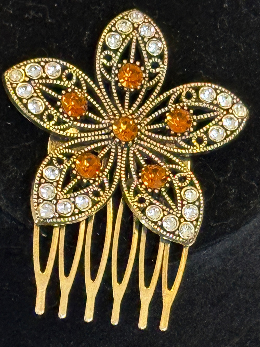 NEW Floral Rhinestone Hair Comb with Amber & Clear Stones Gold Tone